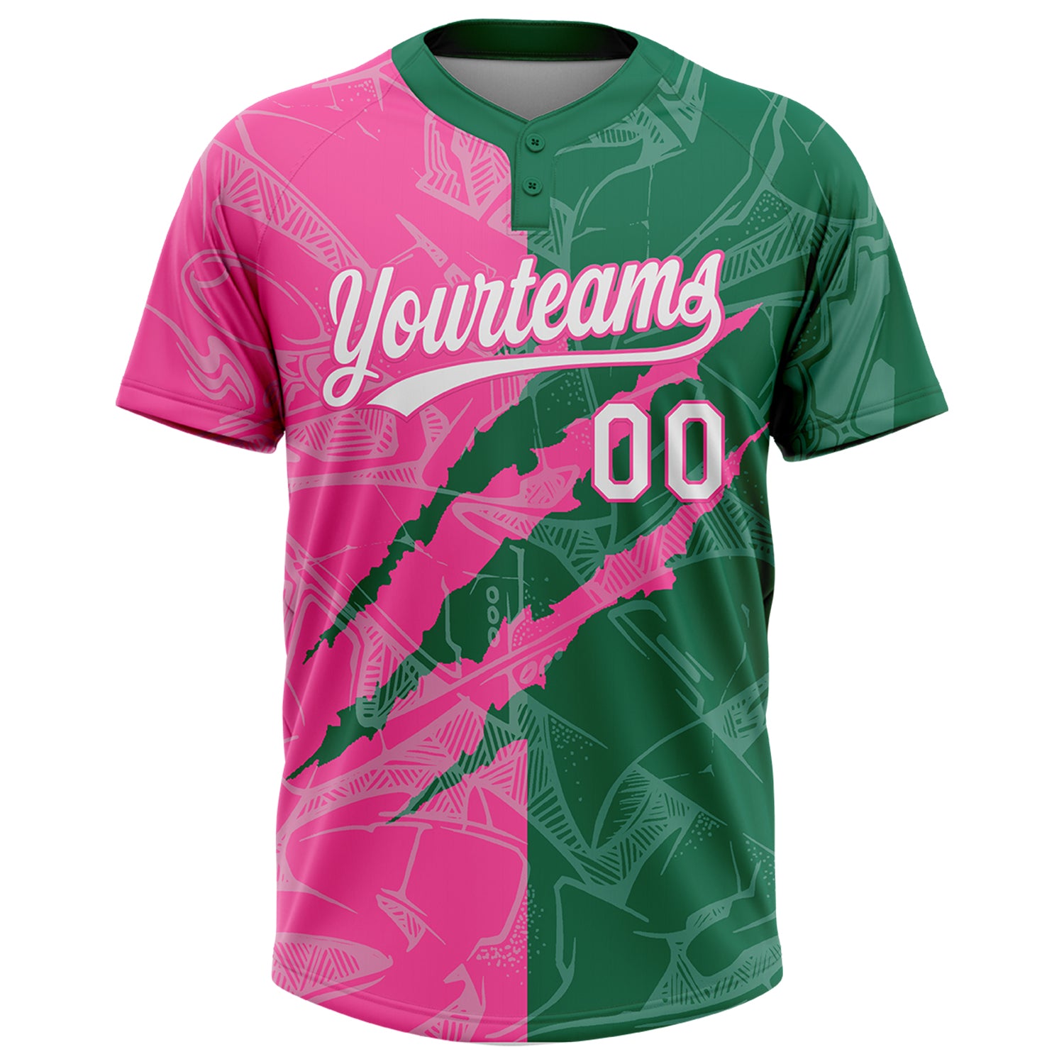 Custom Graffiti Pattern White Kelly Green-Pink 3D Scratch Two-Button Unisex Softball Jersey