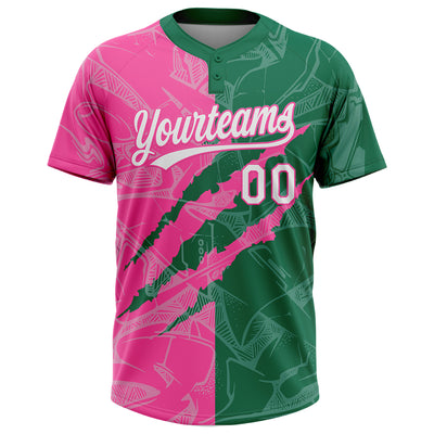 Custom Graffiti Pattern White Kelly Green-Pink 3D Scratch Two-Button Unisex Softball Jersey