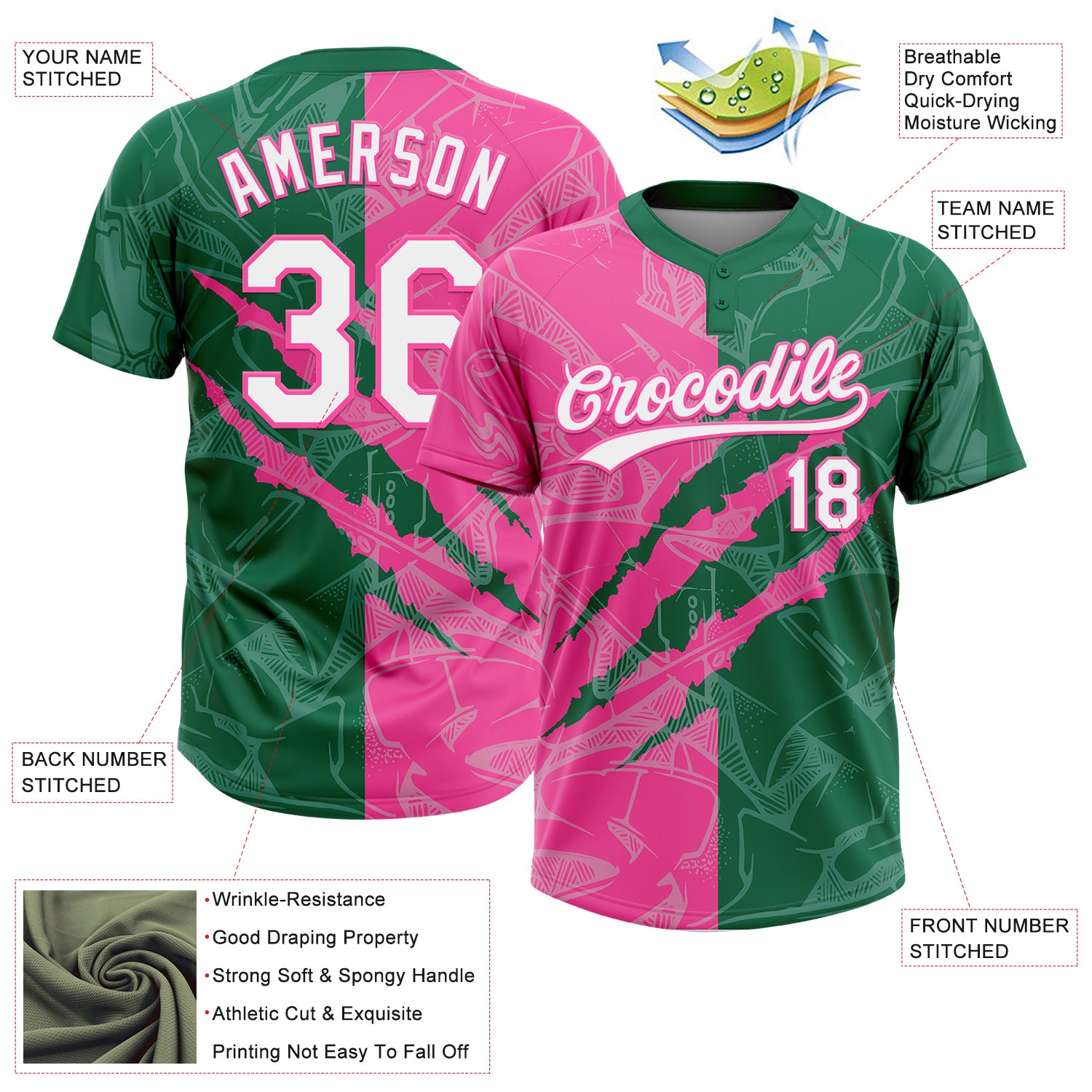 Custom Graffiti Pattern White Kelly Green-Pink 3D Scratch Two-Button Unisex Softball Jersey