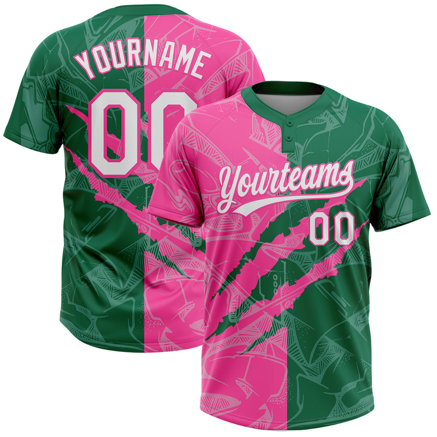 Custom Graffiti Pattern White Kelly Green-Pink 3D Scratch Two-Button Unisex Softball Jersey