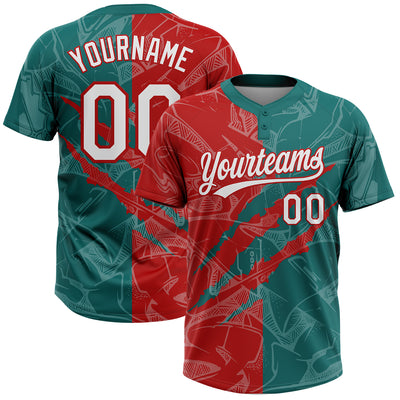 Custom Graffiti Pattern White Teal-Red 3D Scratch Two-Button Unisex Softball Jersey