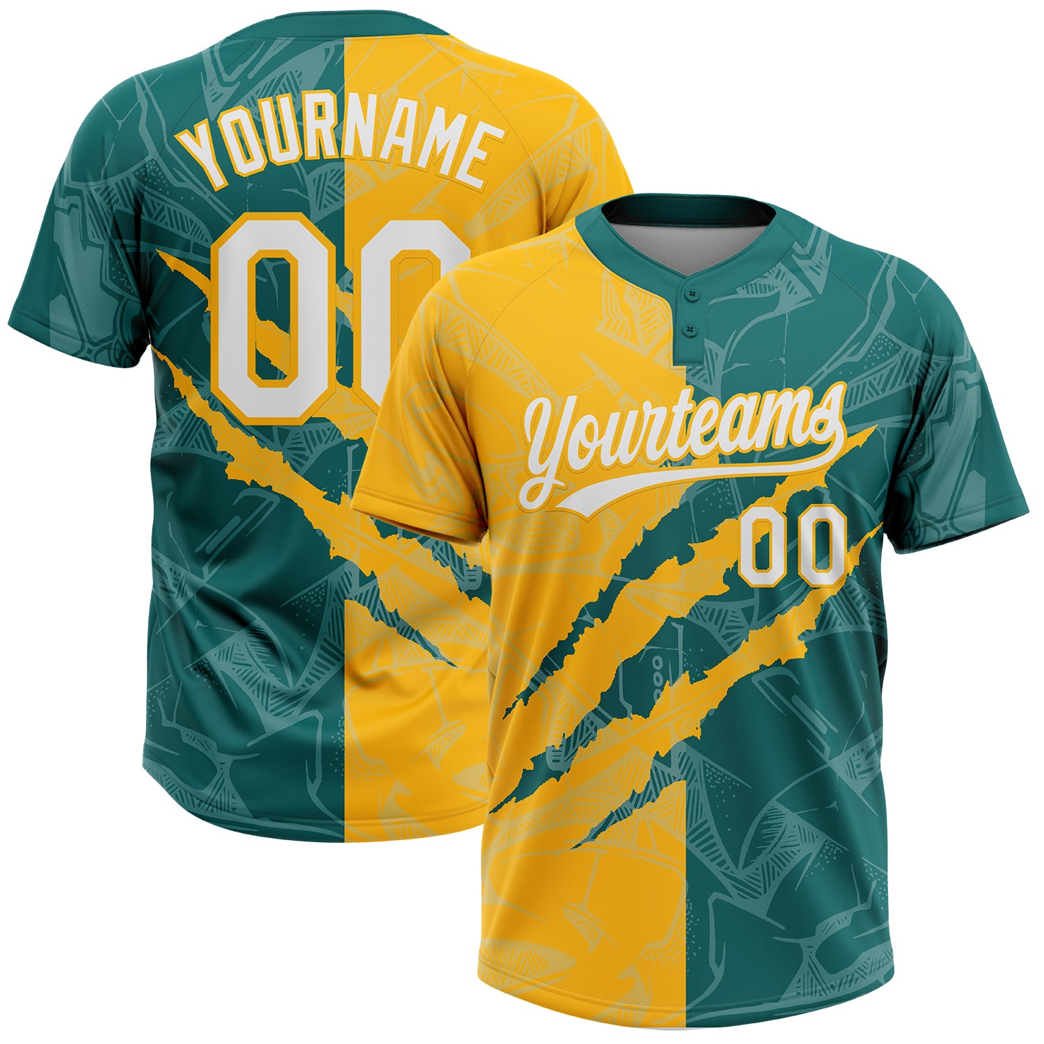 Custom Graffiti Pattern White Teal-Gold 3D Scratch Two-Button Unisex Softball Jersey