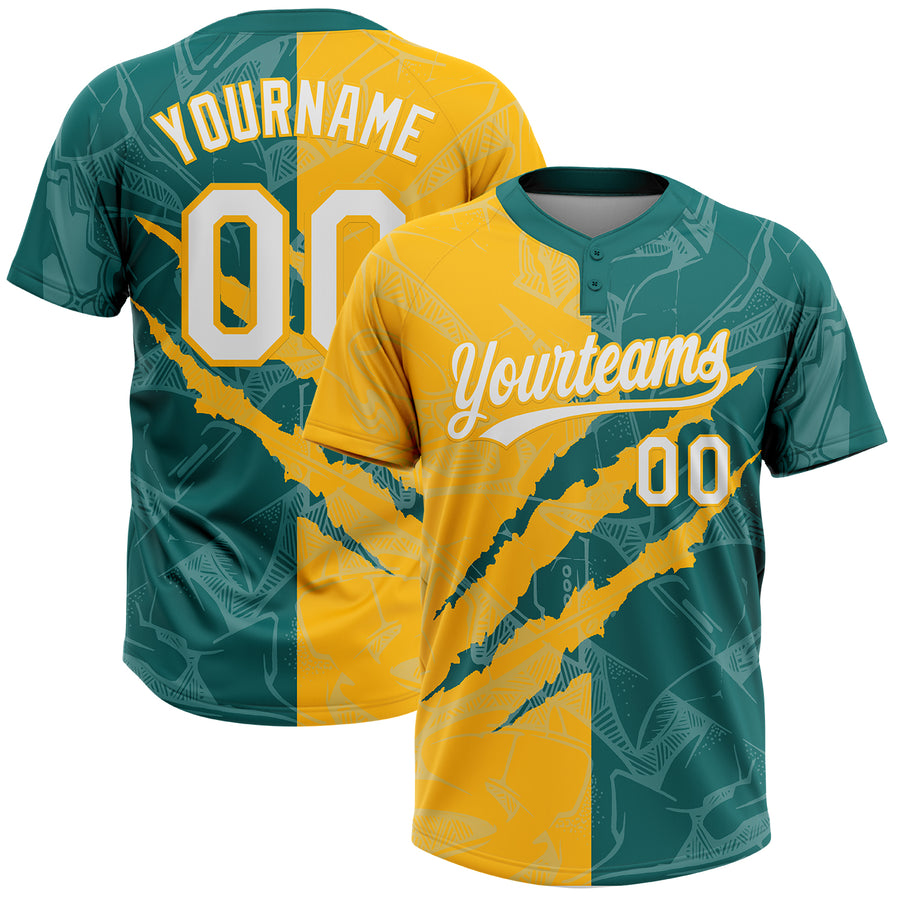 Custom Graffiti Pattern White Teal-Gold 3D Scratch Two-Button Unisex Softball Jersey