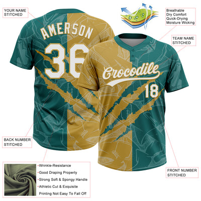 Custom Graffiti Pattern White Teal-Old Gold 3D Scratch Two-Button Unisex Softball Jersey