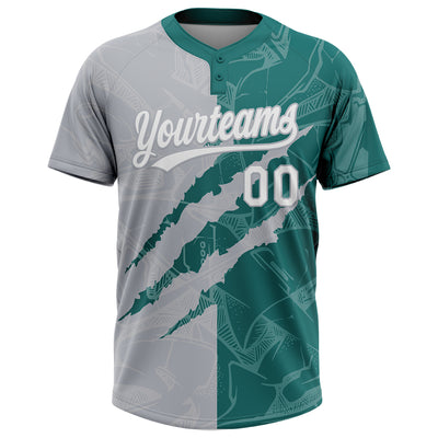 Custom Graffiti Pattern White Teal-Gray 3D Scratch Two-Button Unisex Softball Jersey