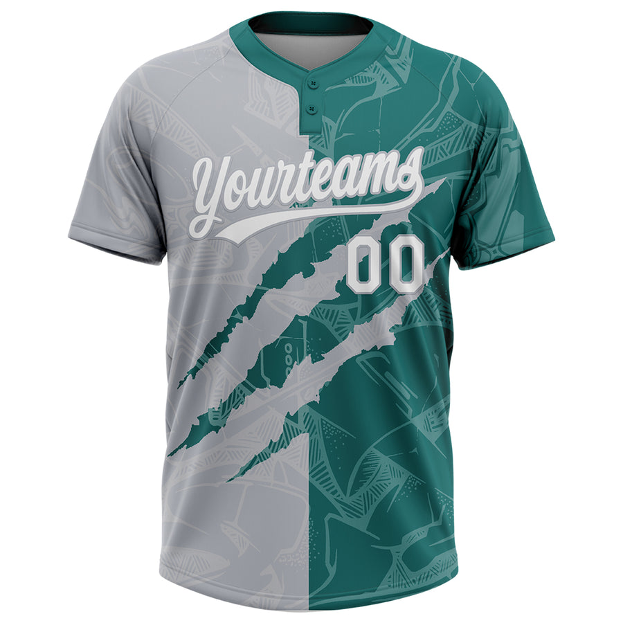 Custom Graffiti Pattern White Teal-Gray 3D Scratch Two-Button Unisex Softball Jersey