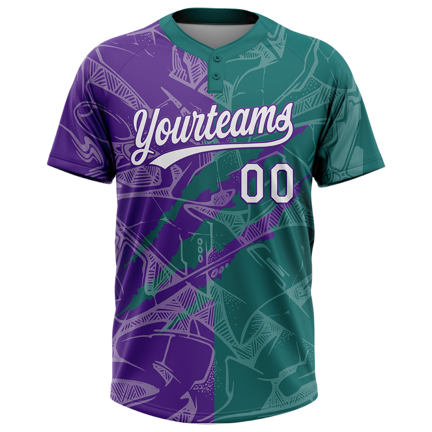 Custom Graffiti Pattern White Teal-Purple 3D Scratch Two-Button Unisex Softball Jersey