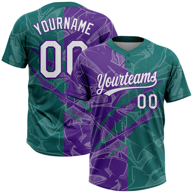 Custom Graffiti Pattern White Teal-Purple 3D Scratch Two-Button Unisex Softball Jersey