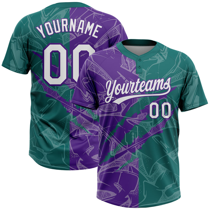 Custom Graffiti Pattern White Teal-Purple 3D Scratch Two-Button Unisex Softball Jersey