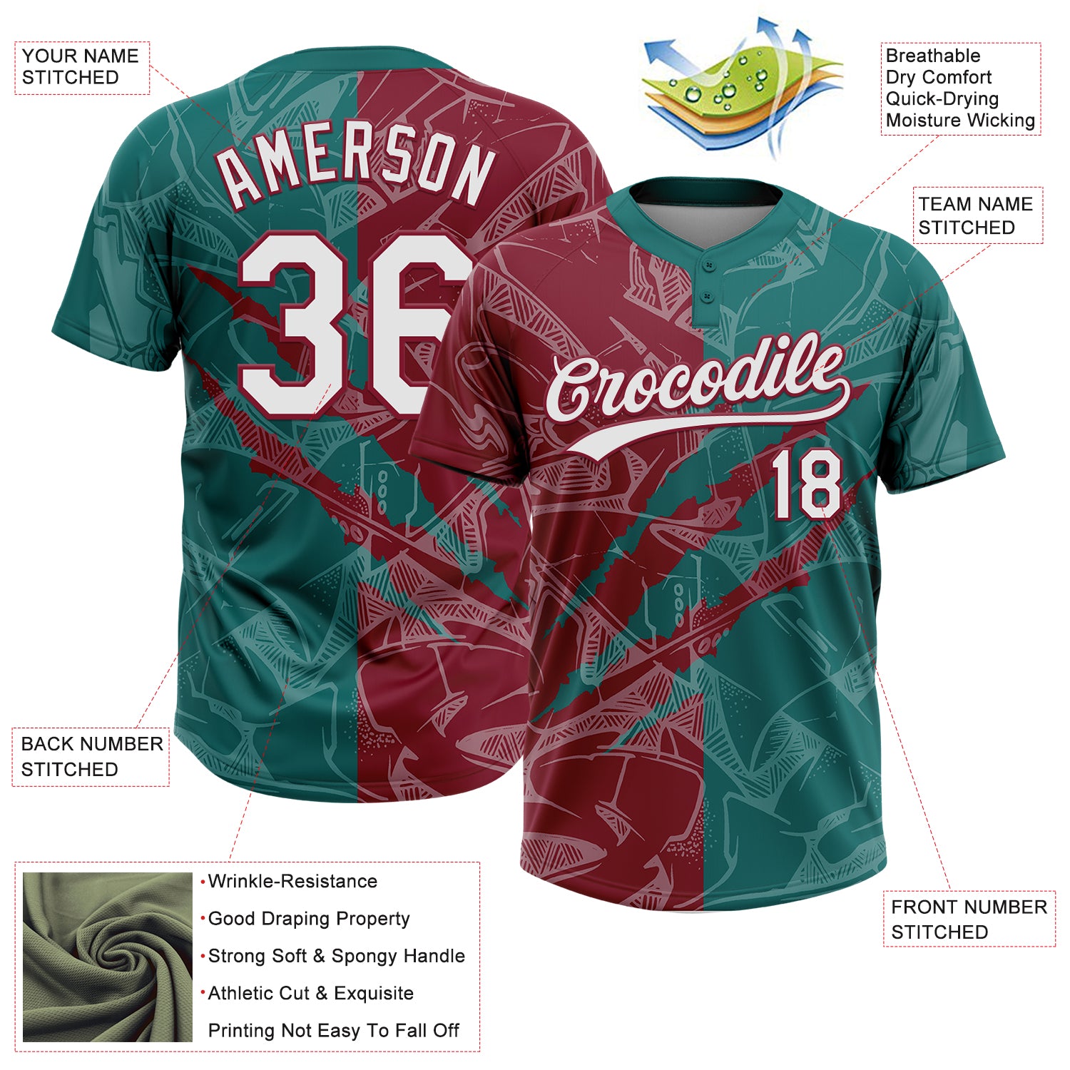 Custom Graffiti Pattern White Teal-Crimson 3D Scratch Two-Button Unisex Softball Jersey
