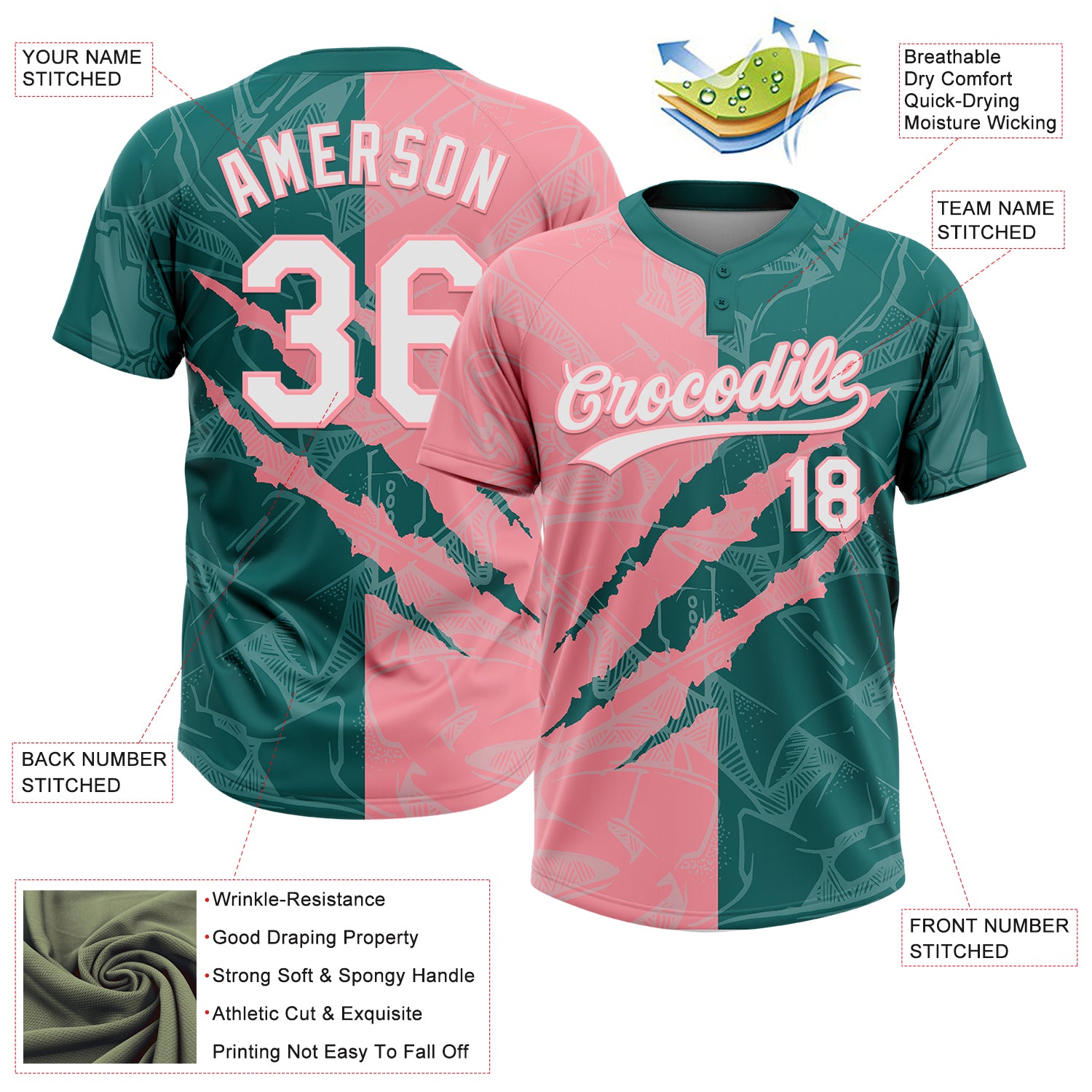 Custom Graffiti Pattern White Teal-Medium Pink 3D Scratch Two-Button Unisex Softball Jersey