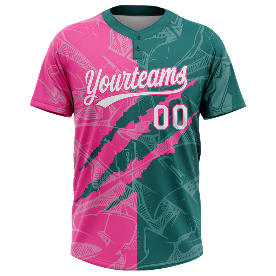 Custom Graffiti Pattern White Teal-Pink 3D Scratch Two-Button Unisex Softball Jersey
