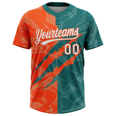 Custom Graffiti Pattern White Teal-Orange 3D Scratch Two-Button Unisex Softball Jersey