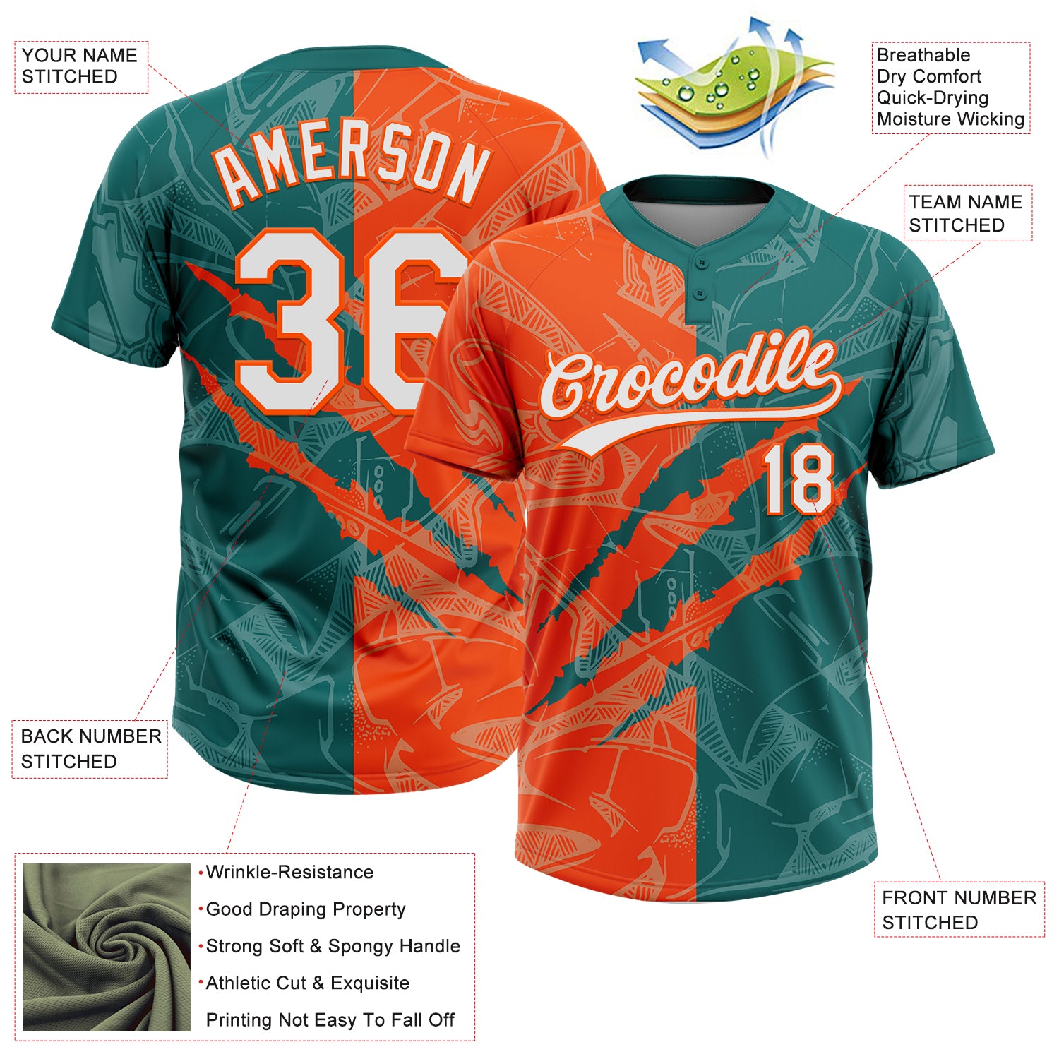 Custom Graffiti Pattern White Teal-Orange 3D Scratch Two-Button Unisex Softball Jersey