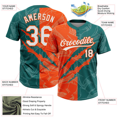 Custom Graffiti Pattern White Teal-Orange 3D Scratch Two-Button Unisex Softball Jersey