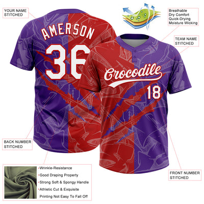 Custom Graffiti Pattern White Purple-Red 3D Scratch Two-Button Unisex Softball Jersey