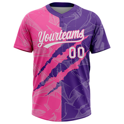 Custom Graffiti Pattern White Purple-Pink 3D Scratch Two-Button Unisex Softball Jersey