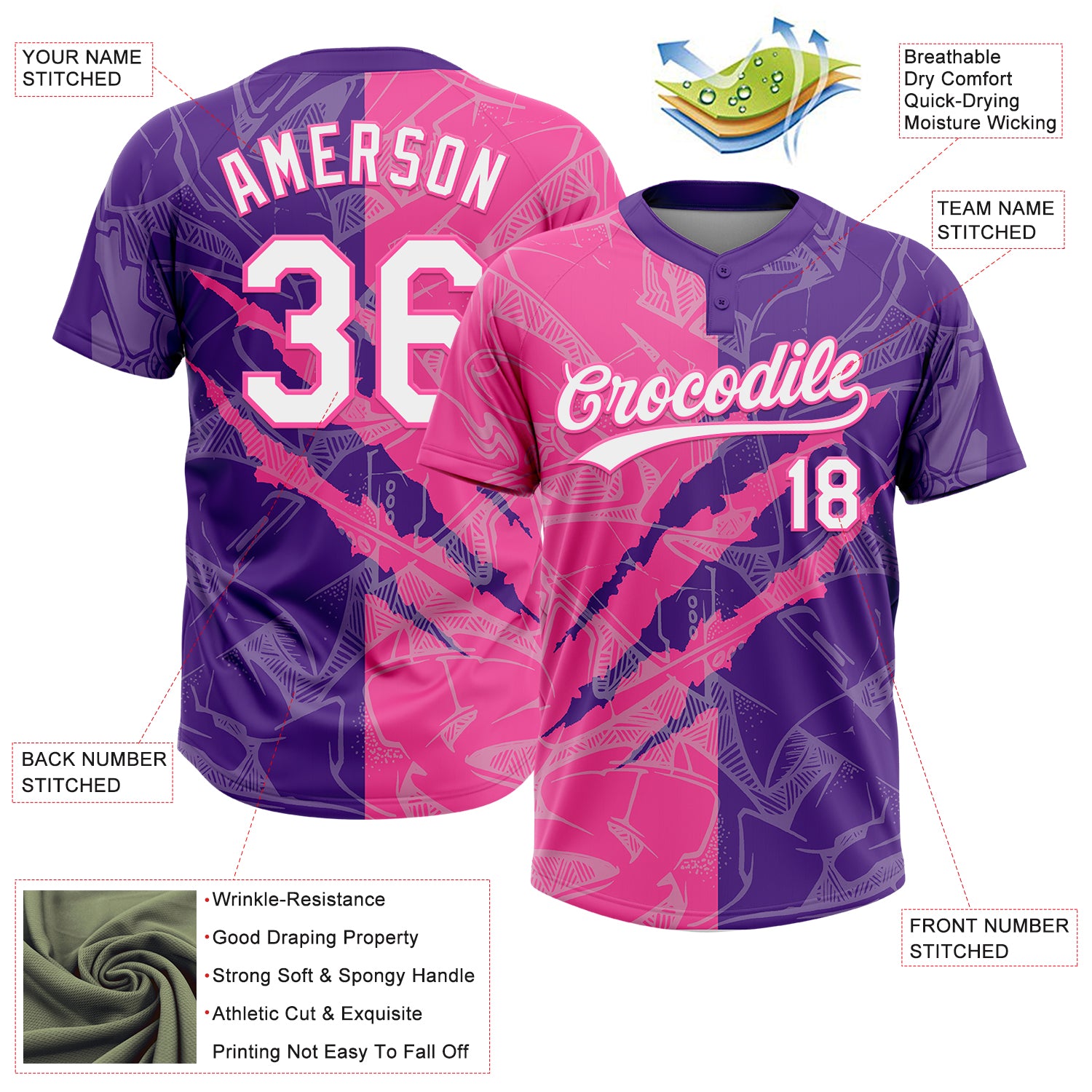 Custom Graffiti Pattern White Purple-Pink 3D Scratch Two-Button Unisex Softball Jersey