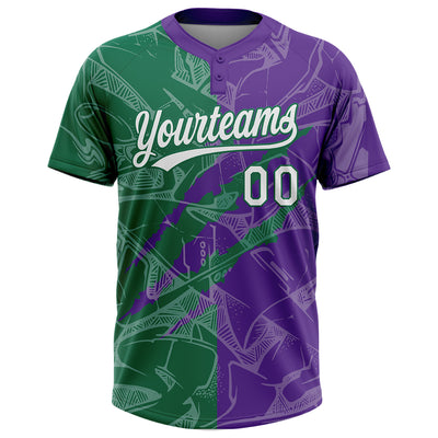 Custom Graffiti Pattern White Purple-Kelly Green 3D Scratch Two-Button Unisex Softball Jersey