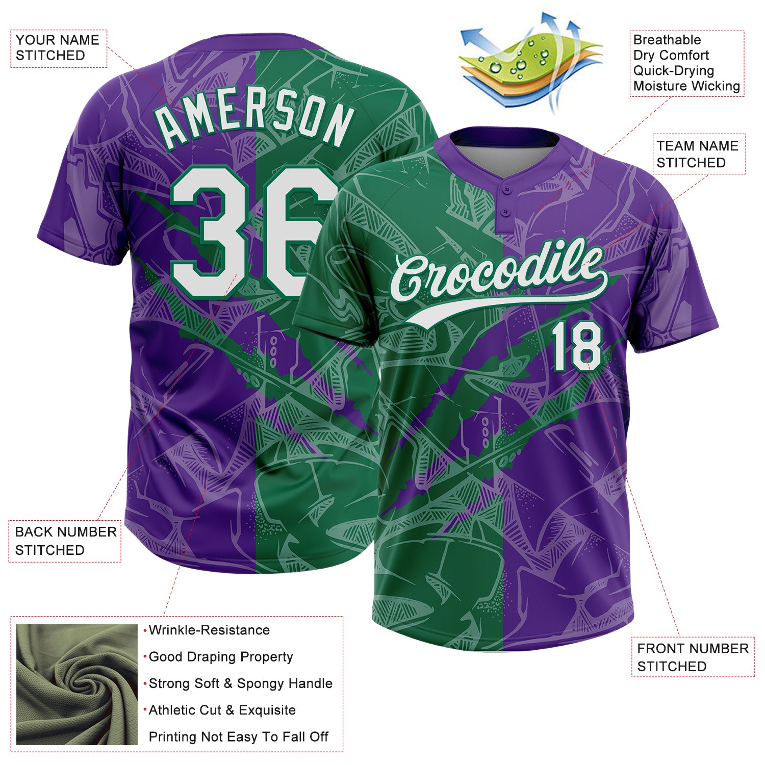 Custom Graffiti Pattern White Purple-Kelly Green 3D Scratch Two-Button Unisex Softball Jersey