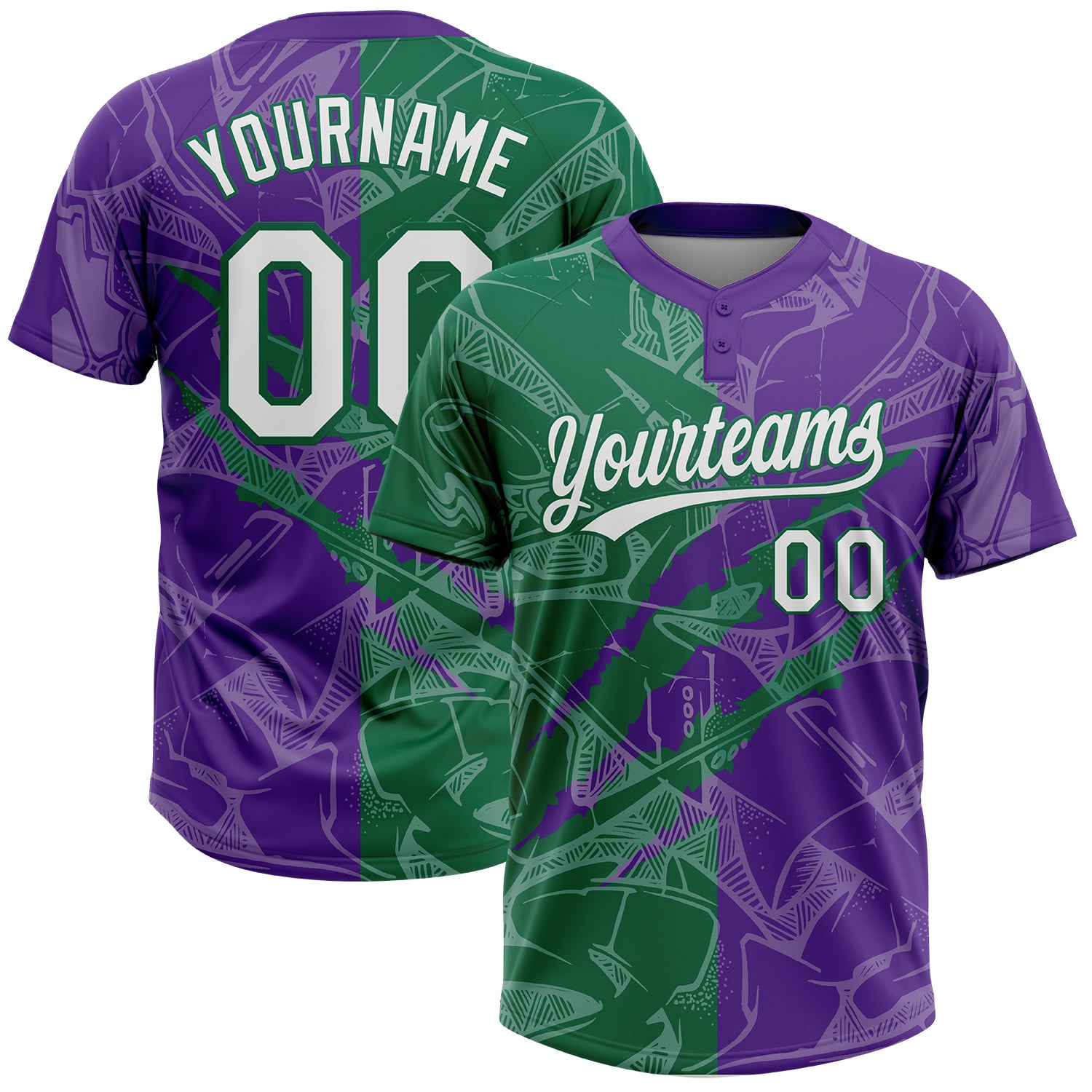 Custom Graffiti Pattern White Purple-Kelly Green 3D Scratch Two-Button Unisex Softball Jersey