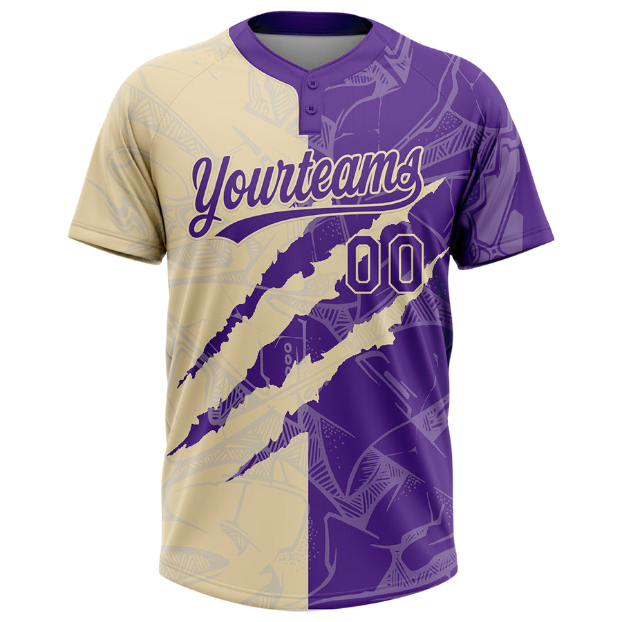 Custom Graffiti Pattern Purple-Cream 3D Scratch Two-Button Unisex Softball Jersey