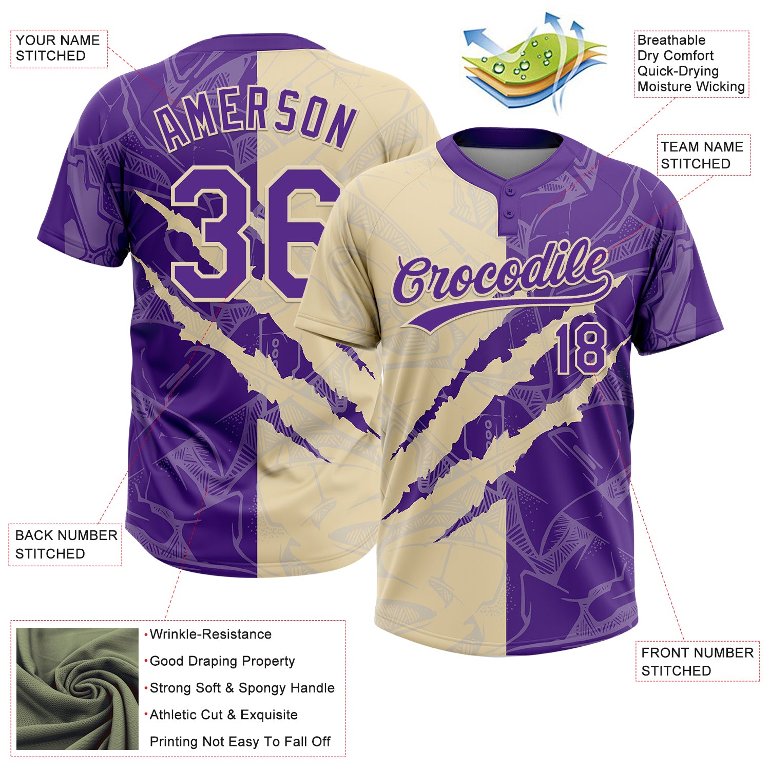 Custom Graffiti Pattern Purple-Cream 3D Scratch Two-Button Unisex Softball Jersey