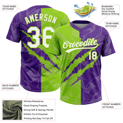 Custom Graffiti Pattern White Purple-Neon Green 3D Scratch Two-Button Unisex Softball Jersey