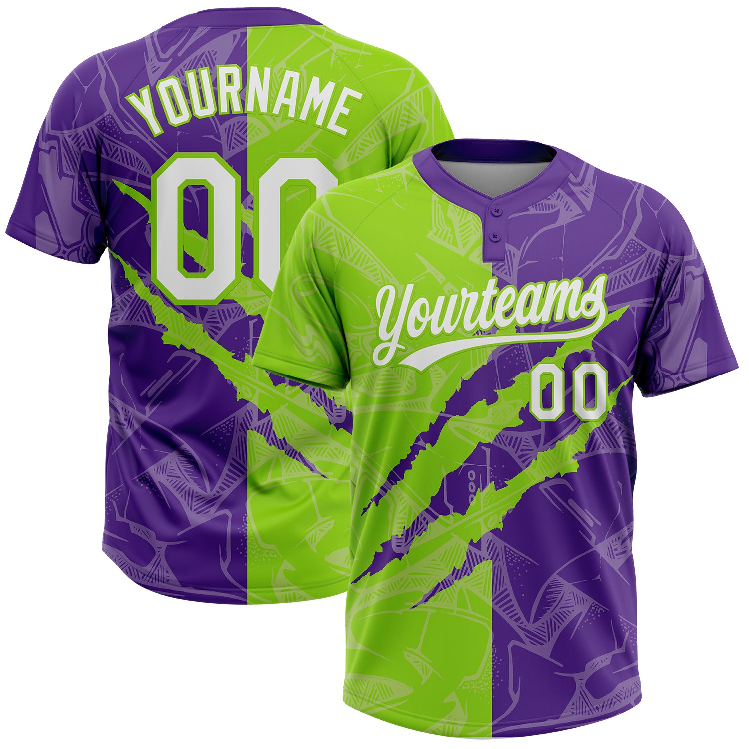 Custom Graffiti Pattern White Purple-Neon Green 3D Scratch Two-Button Unisex Softball Jersey