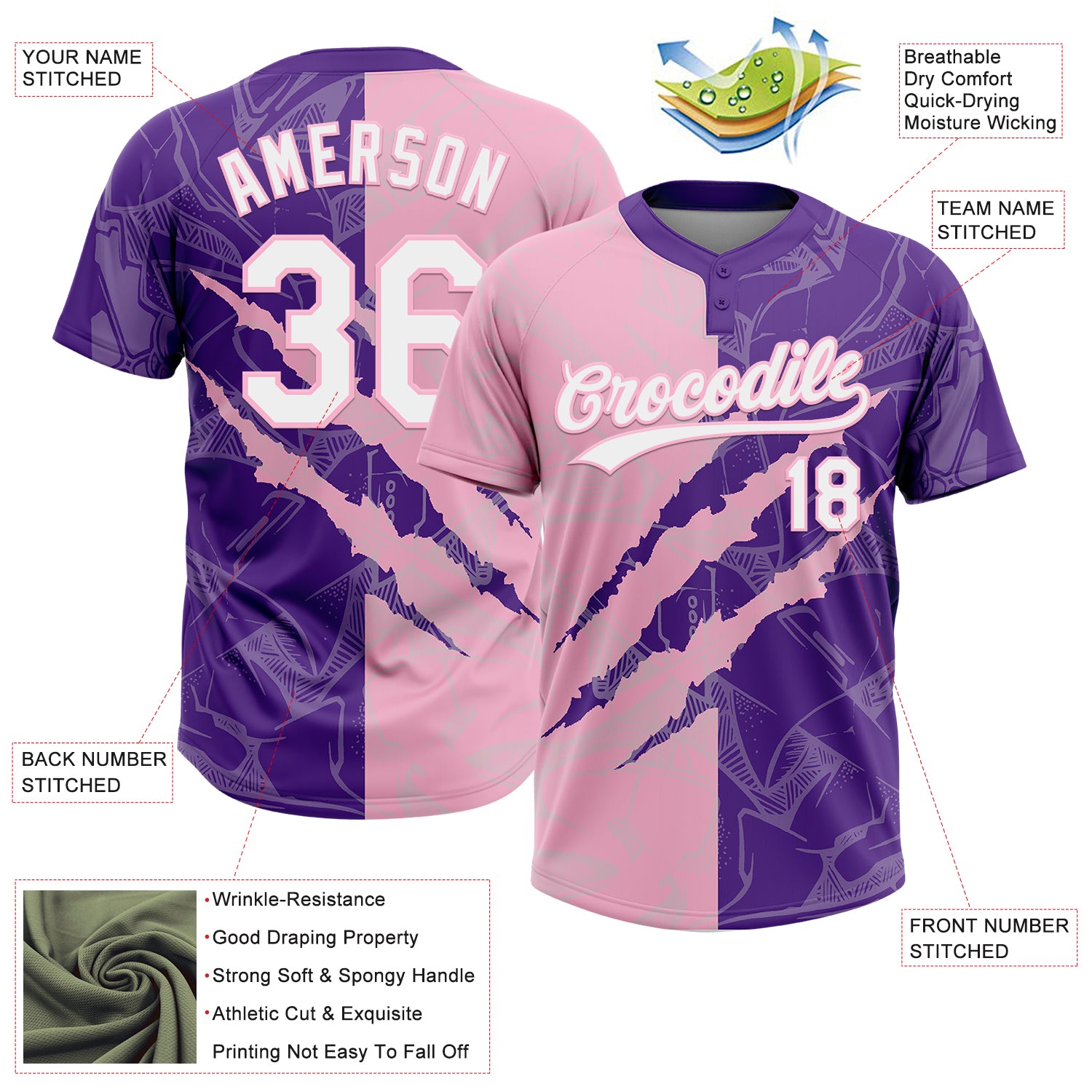 Custom Graffiti Pattern White Purple-Light Pink 3D Scratch Two-Button Unisex Softball Jersey