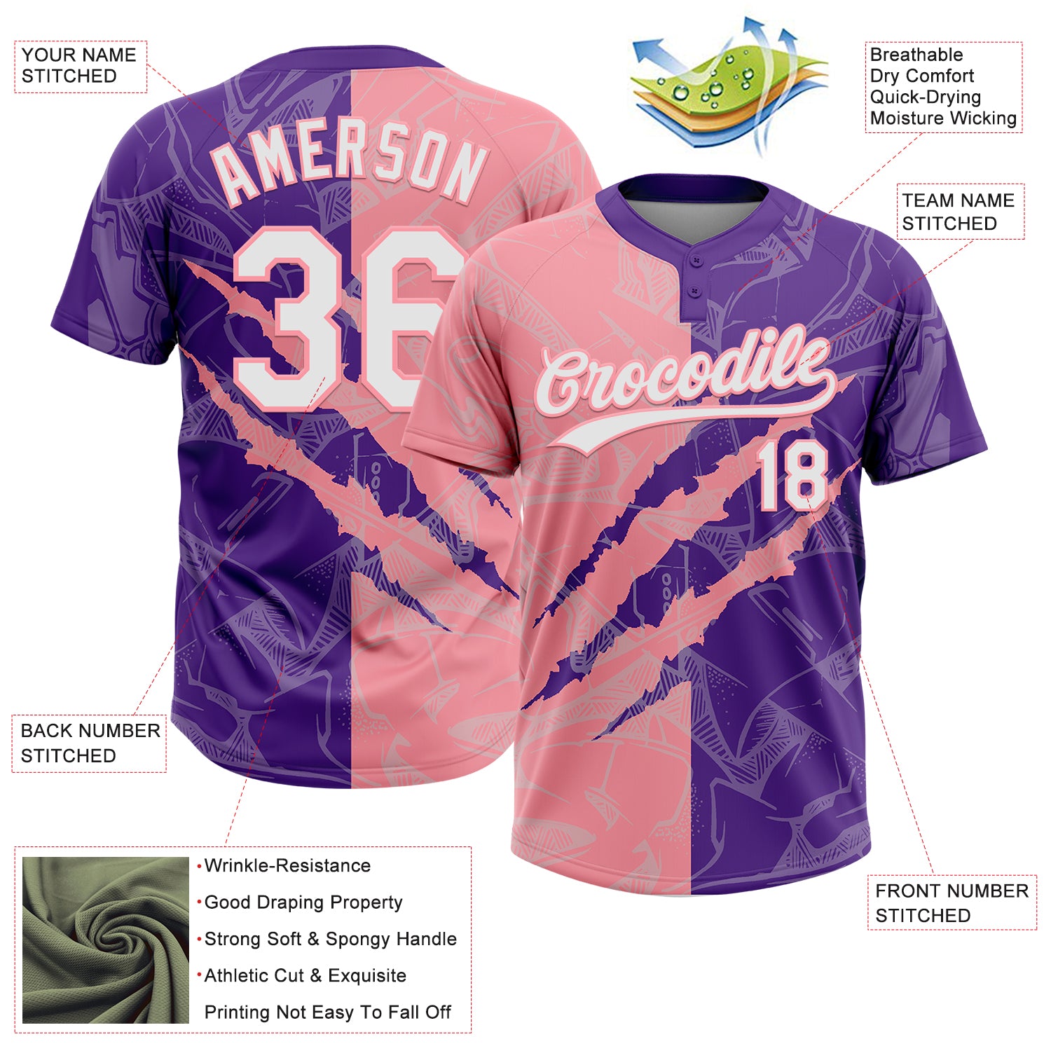 Custom Graffiti Pattern White Purple-Medium Pink 3D Scratch Two-Button Unisex Softball Jersey