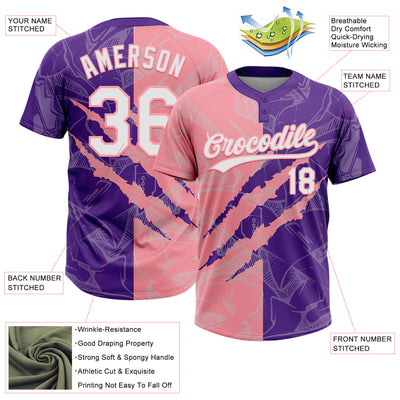 Custom Graffiti Pattern White Purple-Medium Pink 3D Scratch Two-Button Unisex Softball Jersey