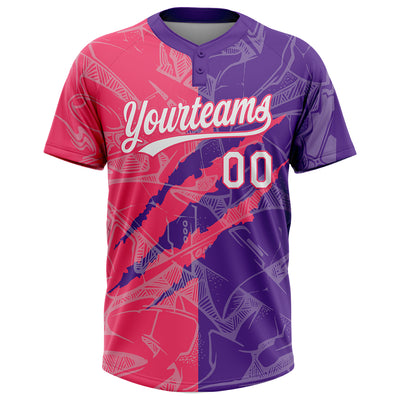 Custom Graffiti Pattern White Purple-Neon Pink 3D Scratch Two-Button Unisex Softball Jersey