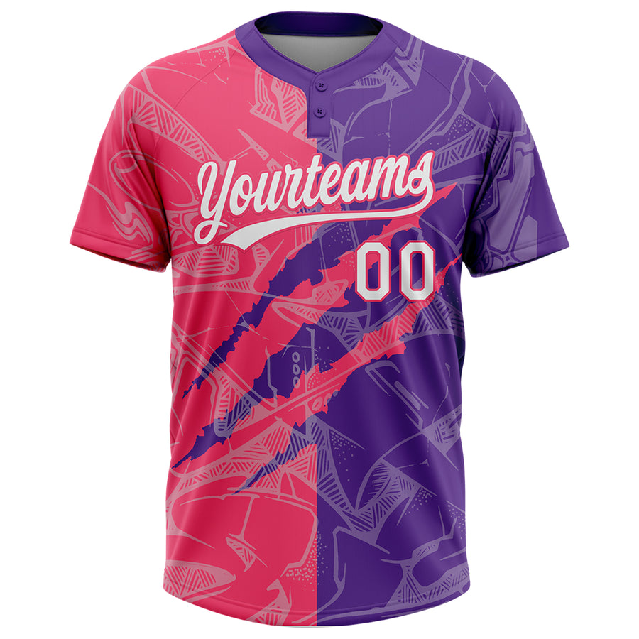Custom Graffiti Pattern White Purple-Neon Pink 3D Scratch Two-Button Unisex Softball Jersey