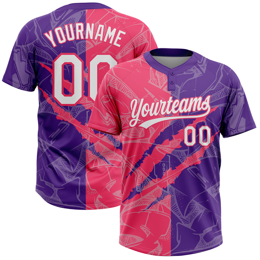 Custom Graffiti Pattern White Purple-Neon Pink 3D Scratch Two-Button Unisex Softball Jersey