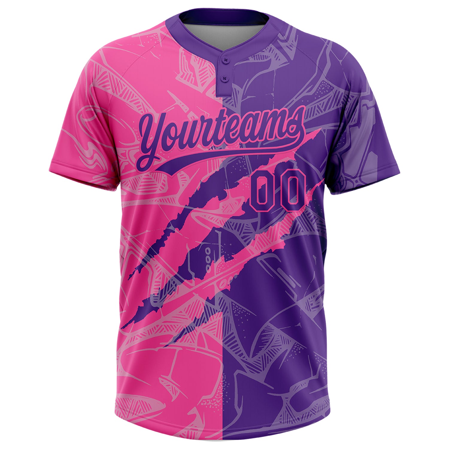 Custom Graffiti Pattern Purple-Pink 3D Scratch Two-Button Unisex Softball Jersey