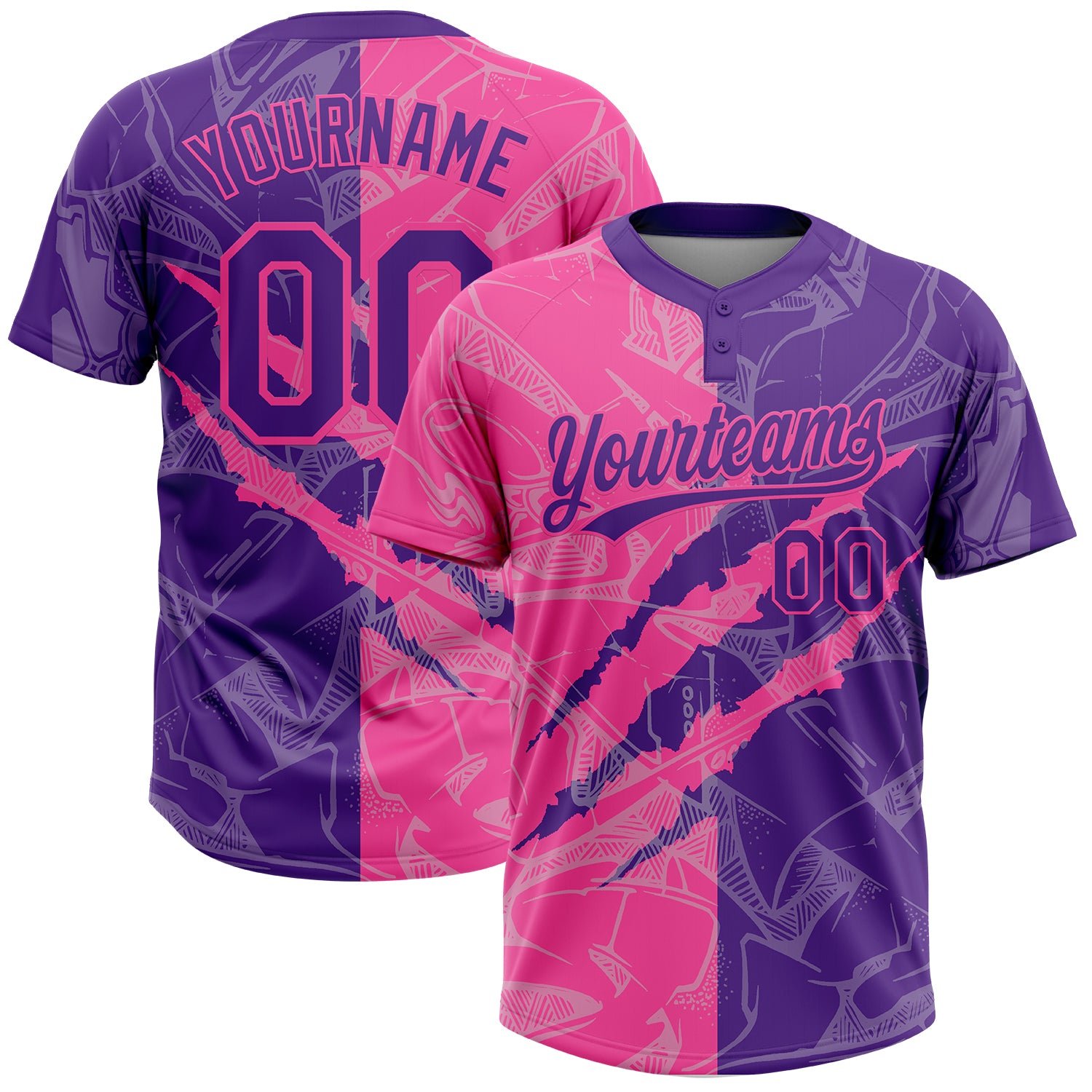 Custom Graffiti Pattern Purple-Pink 3D Scratch Two-Button Unisex Softball Jersey