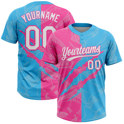 Custom Graffiti Pattern White Sky Blue-Pink 3D Scratch Two-Button Unisex Softball Jersey