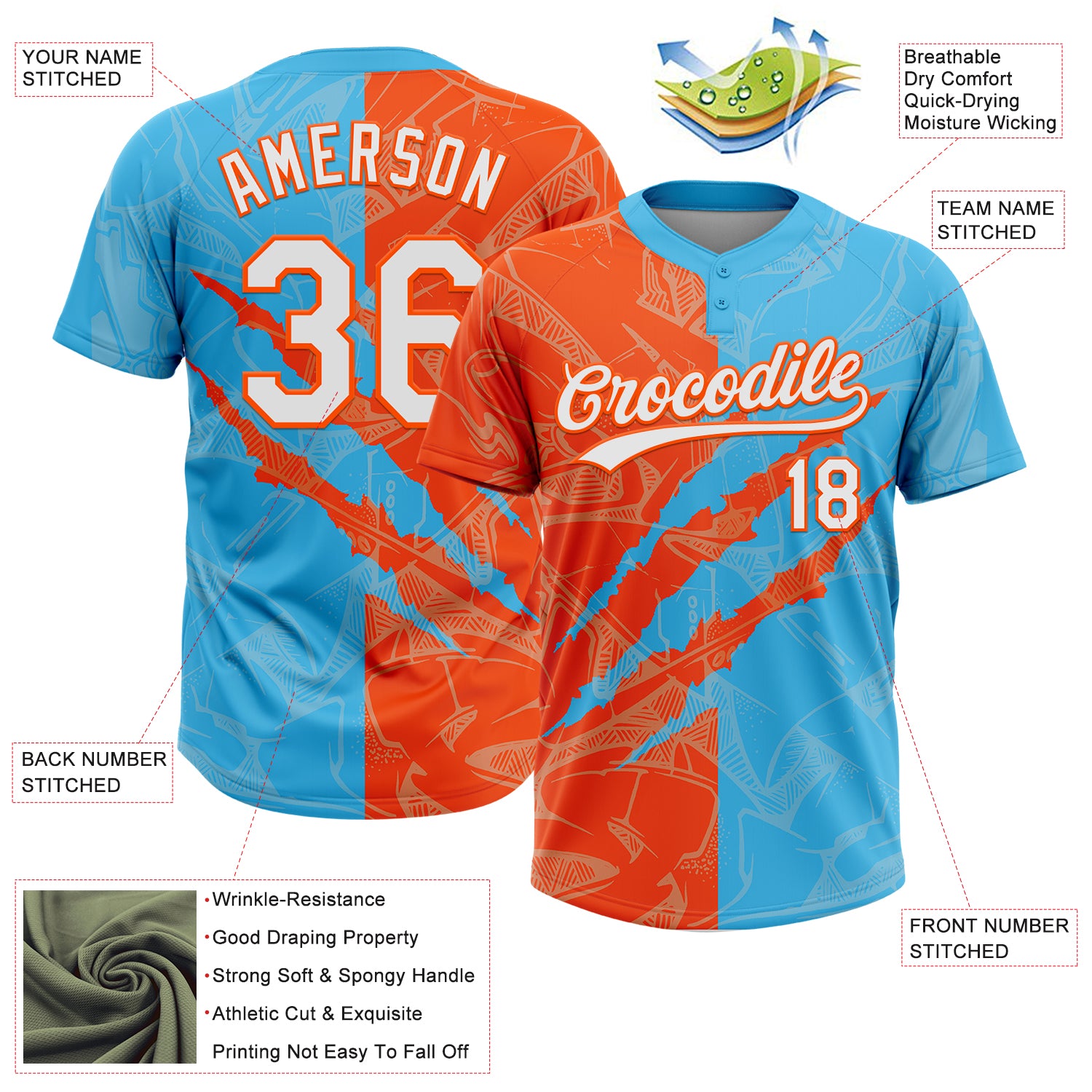 Custom Graffiti Pattern White Sky Blue-Orange 3D Scratch Two-Button Unisex Softball Jersey