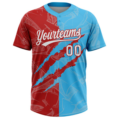 Custom Graffiti Pattern White Sky Blue-Red 3D Scratch Two-Button Unisex Softball Jersey