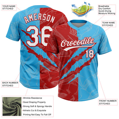 Custom Graffiti Pattern White Sky Blue-Red 3D Scratch Two-Button Unisex Softball Jersey