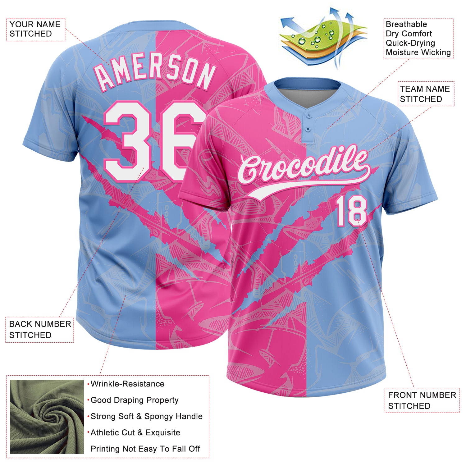 Custom Graffiti Pattern White Light Blue-Pink 3D Scratch Two-Button Unisex Softball Jersey