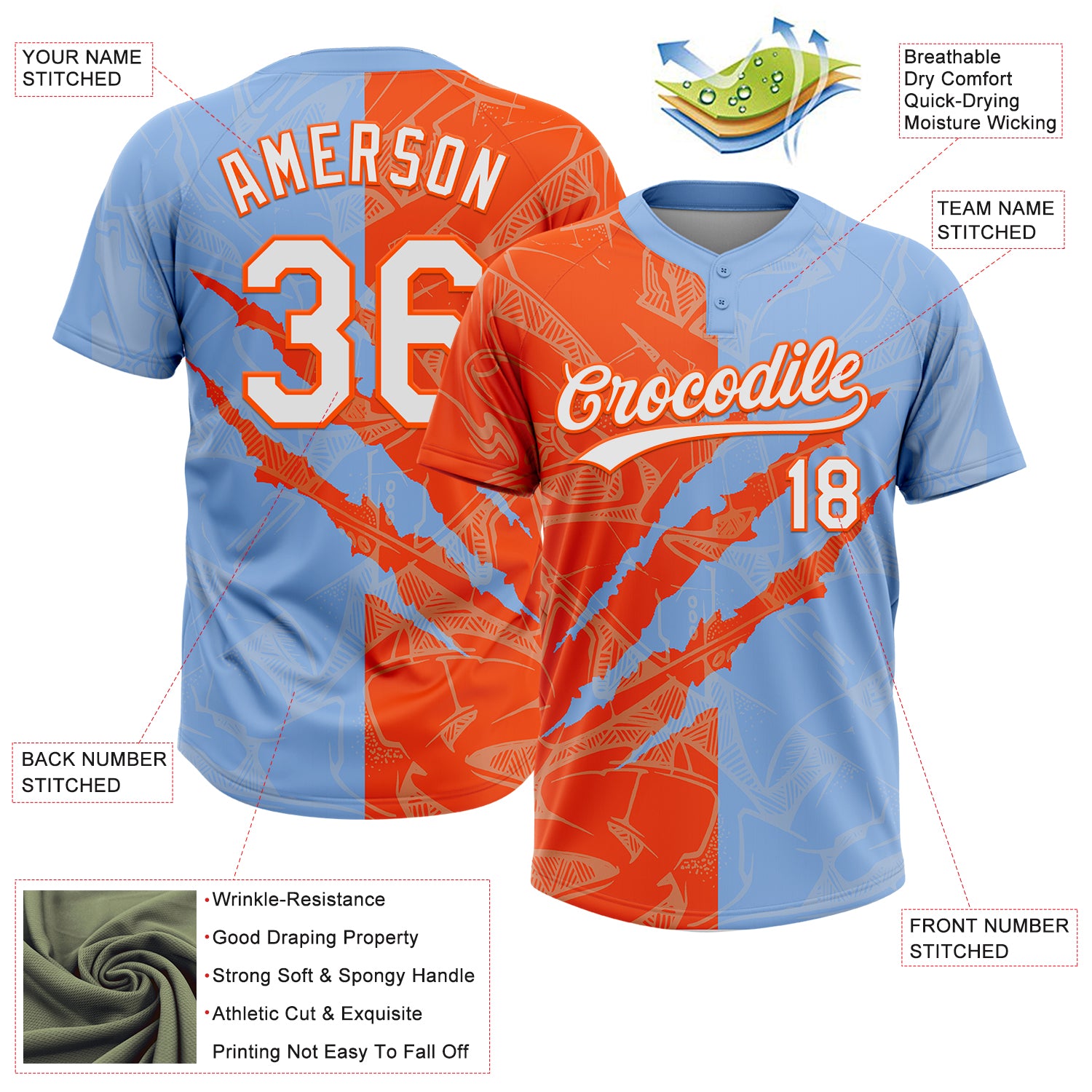 Custom Graffiti Pattern White Light Blue-Orange 3D Scratch Two-Button Unisex Softball Jersey
