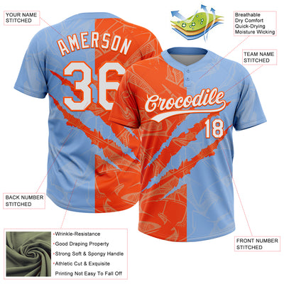 Custom Graffiti Pattern White Light Blue-Orange 3D Scratch Two-Button Unisex Softball Jersey