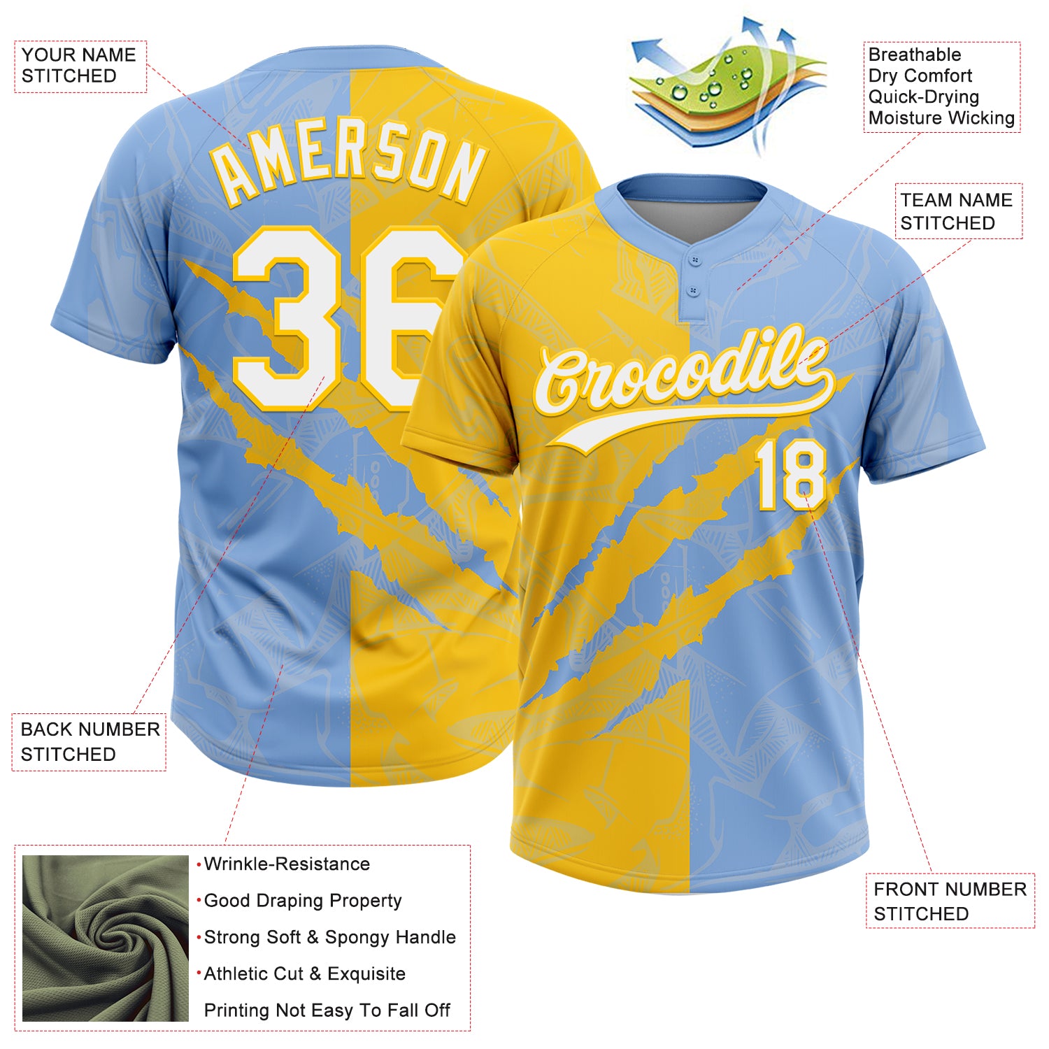 Custom Graffiti Pattern White Light Blue-Yellow 3D Scratch Two-Button Unisex Softball Jersey