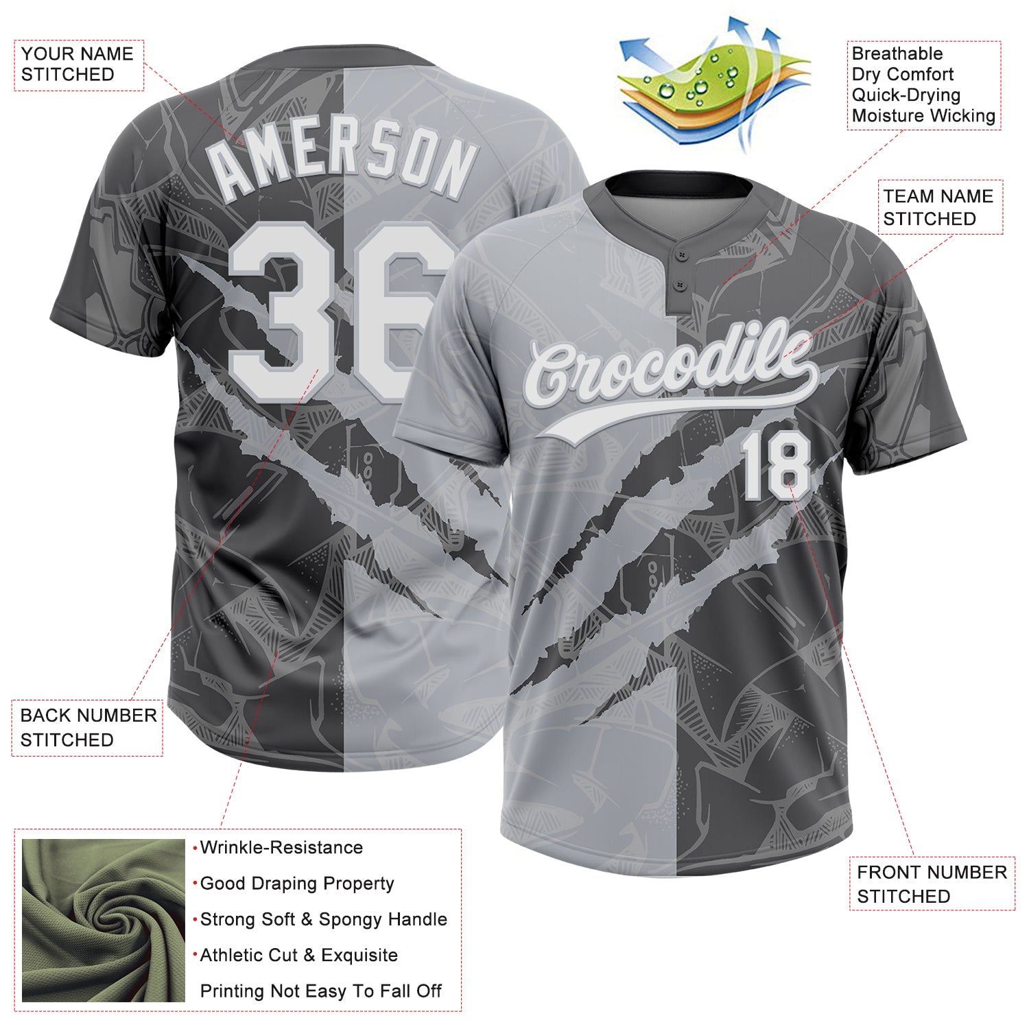 Custom Graffiti Pattern White Steel Gray-Gray 3D Scratch Two-Button Unisex Softball Jersey
