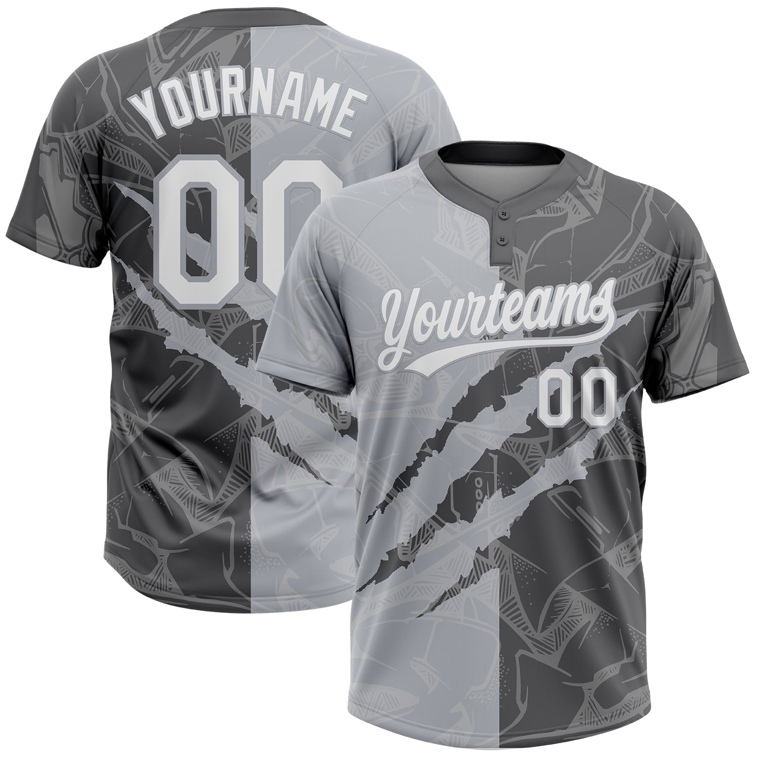 Custom Graffiti Pattern White Steel Gray-Gray 3D Scratch Two-Button Unisex Softball Jersey