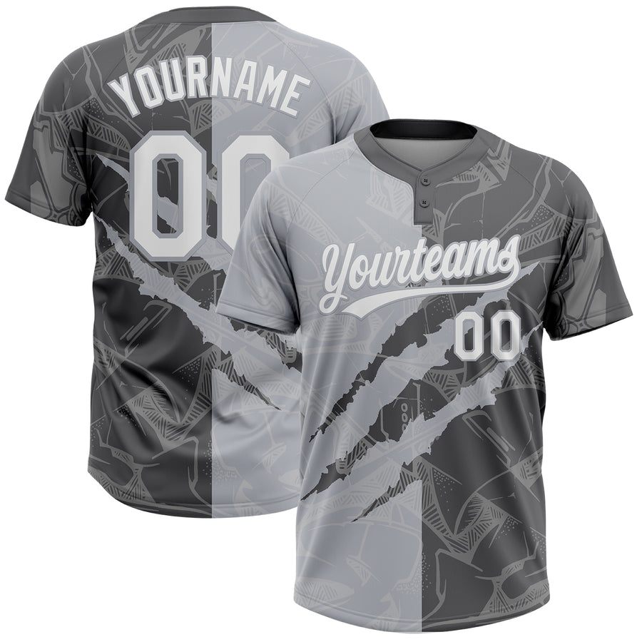 Custom Graffiti Pattern White Steel Gray-Gray 3D Scratch Two-Button Unisex Softball Jersey