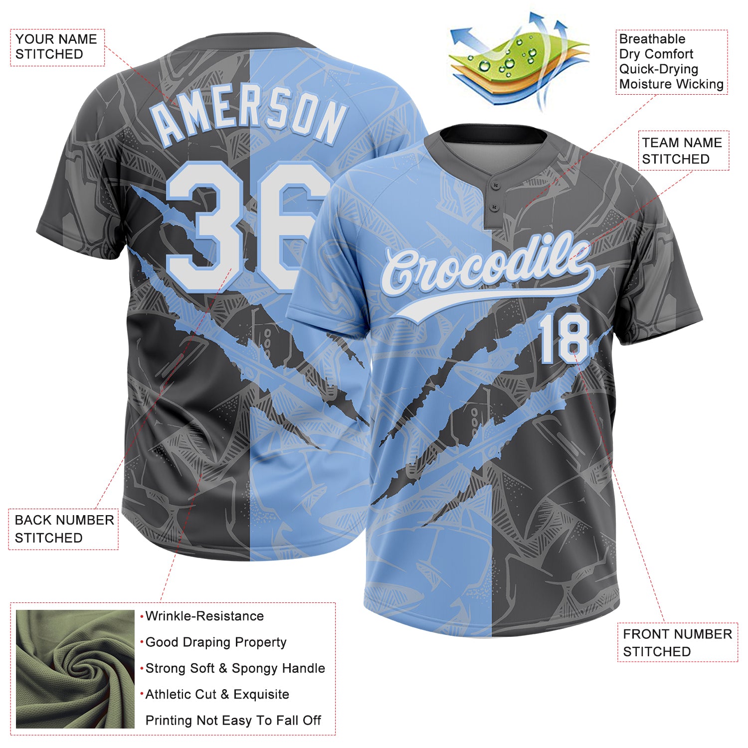 Custom Graffiti Pattern White Steel Gray-Light Blue 3D Scratch Two-Button Unisex Softball Jersey