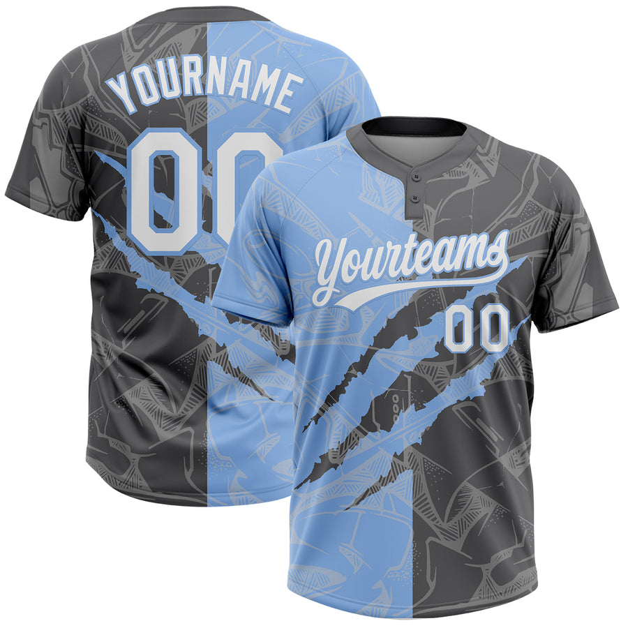 Custom Graffiti Pattern White Steel Gray-Light Blue 3D Scratch Two-Button Unisex Softball Jersey